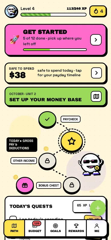 Moneycapade home screen: a game map of setup steps, safe-to-spend today of $38, and a Get Started card showing 5 of 12 steps done