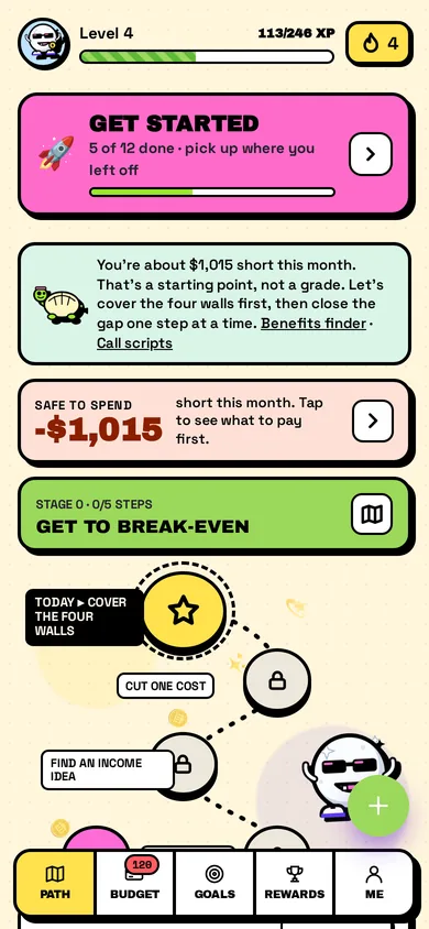 Break-even screen: about $1,015 short this month, with a Stage 0 path to get to break-even